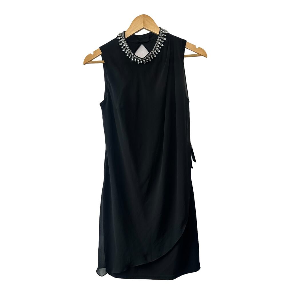 Adrianna Papell Black Layered Shift Dress Cut-Out Back Rhinestone Neckline 4 NEW